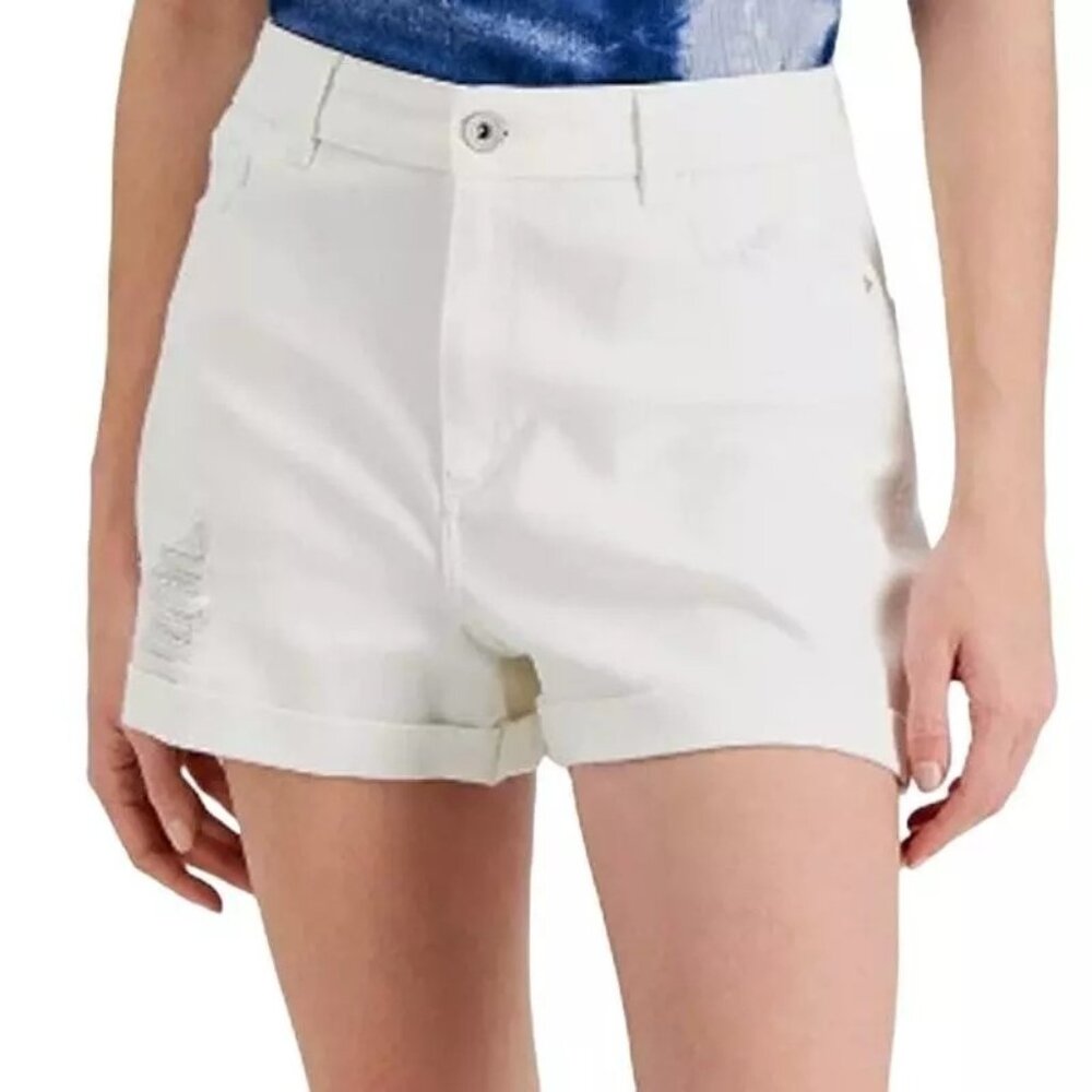 INC Denim High Rise Convertible Shorts Size 14 Distressed Denim White Summer NEW